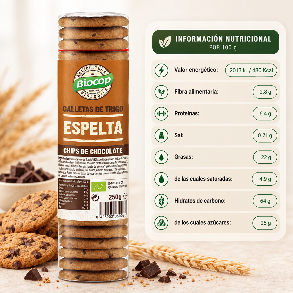 Galleta de trigo espelta con chips de chocolate Biocop 250 g