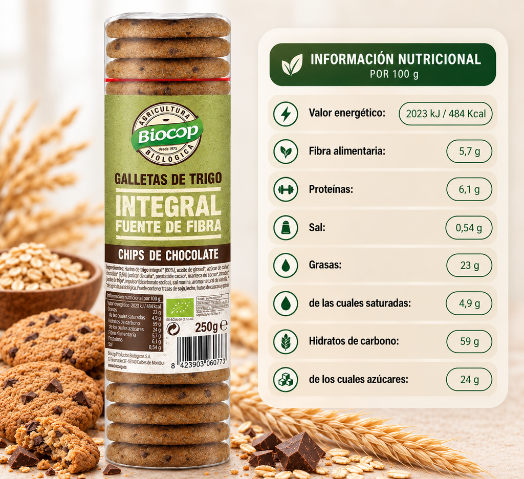 Galleta de trigo integral con chips de chocolate Biocop 250g